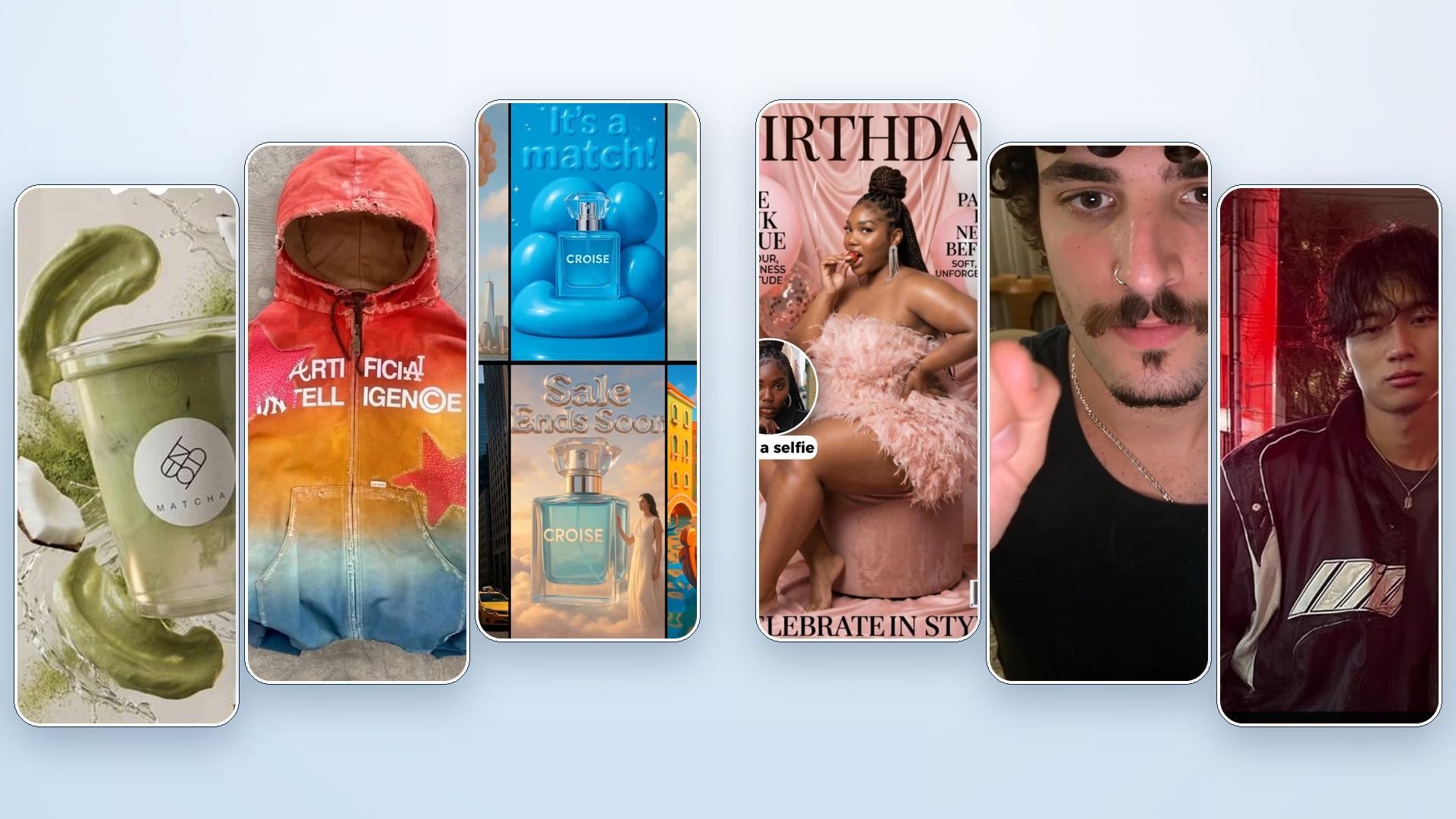 AI photo and video app ads collage — Glam AI, Remini, Photoroom, Mojo, Instories, Prequel