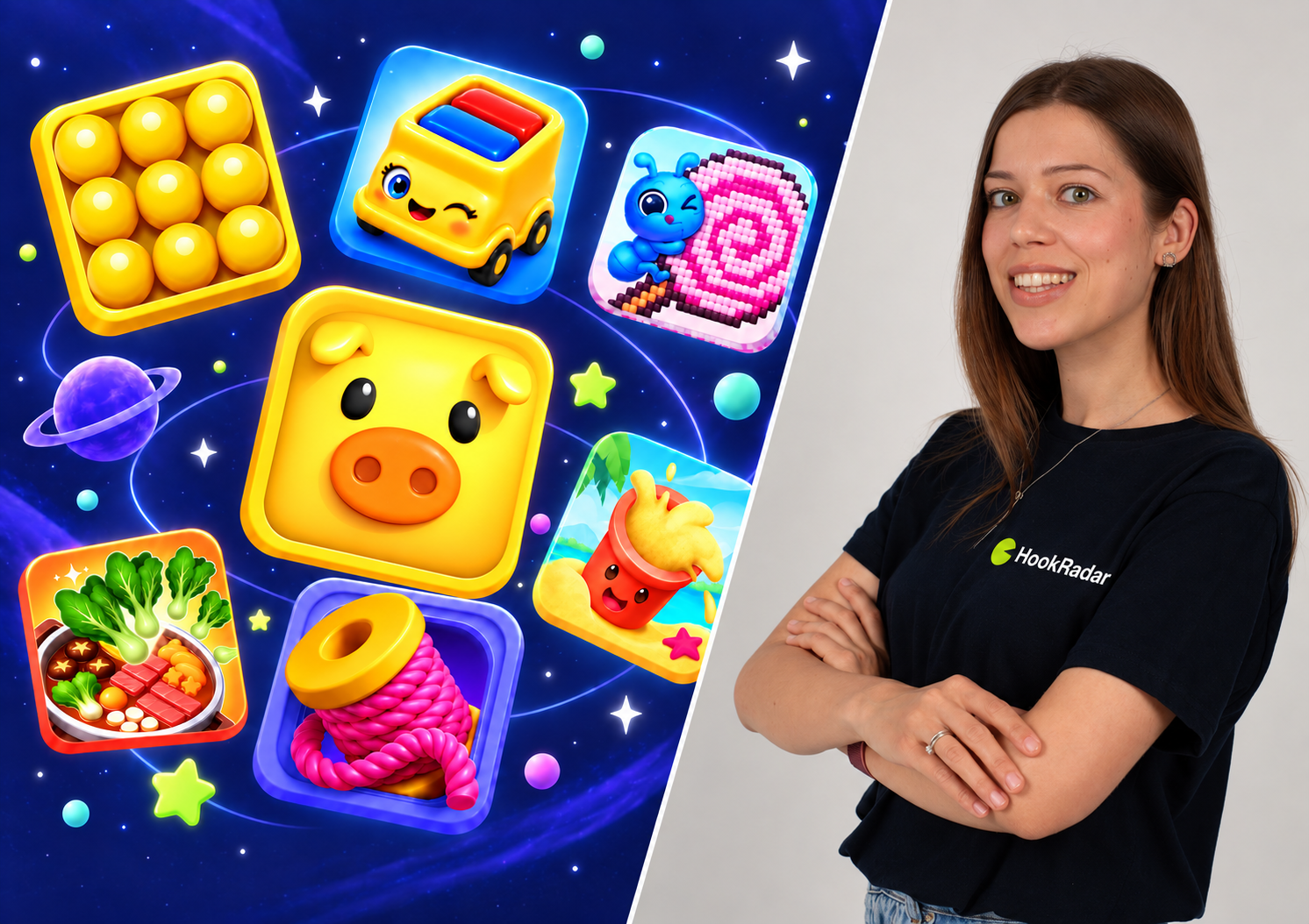 Julia Iljuk with a collage of colorful sort puzzle games