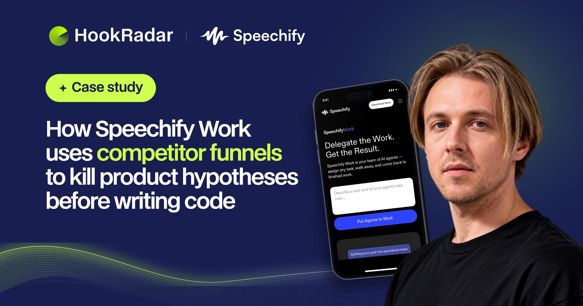 HookRadar × Speechify case study cover with a phone showing the Speechify Work app